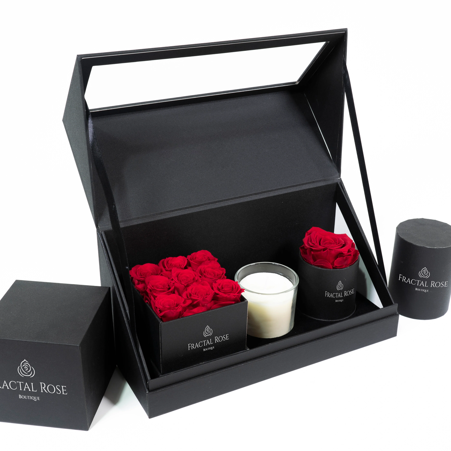 Fractal Rose Bundle - Le Mini Rounds and Squares - Charming Candle - Elegant Gift Box - Luxury Preserved Roses - Stylish and Refined Collection