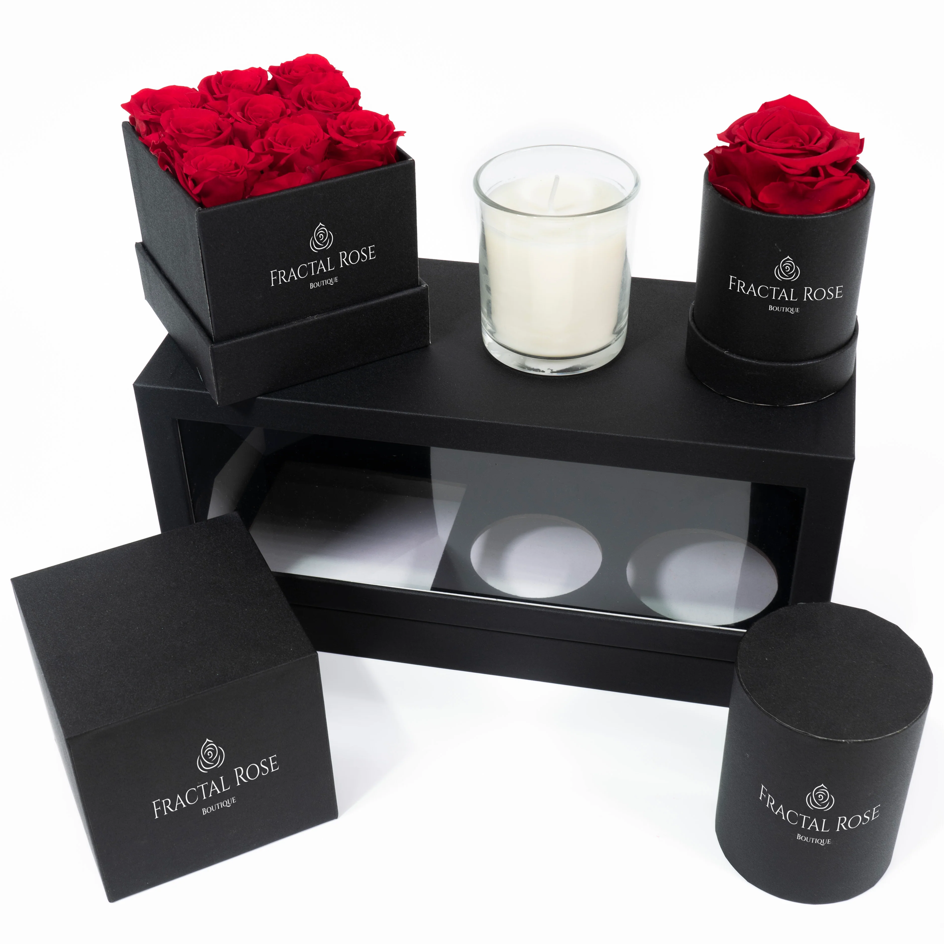 Fractal Rose Bundle - Le Mini Rounds and Squares - Charming Candle - Elegant Gift Box - Luxury Preserved Roses - Stylish and Refined Collection