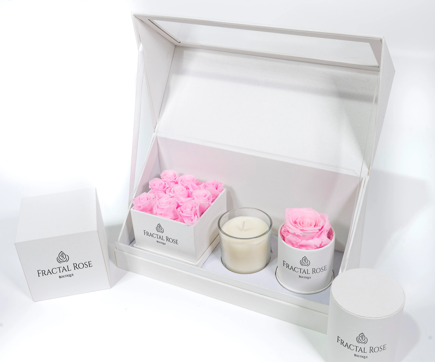 Fractal Rose Bundle - Le Mini Rounds and Squares - Charming Candle - Elegant Gift Box - Luxury Preserved Roses - Stylish and Refined Collection