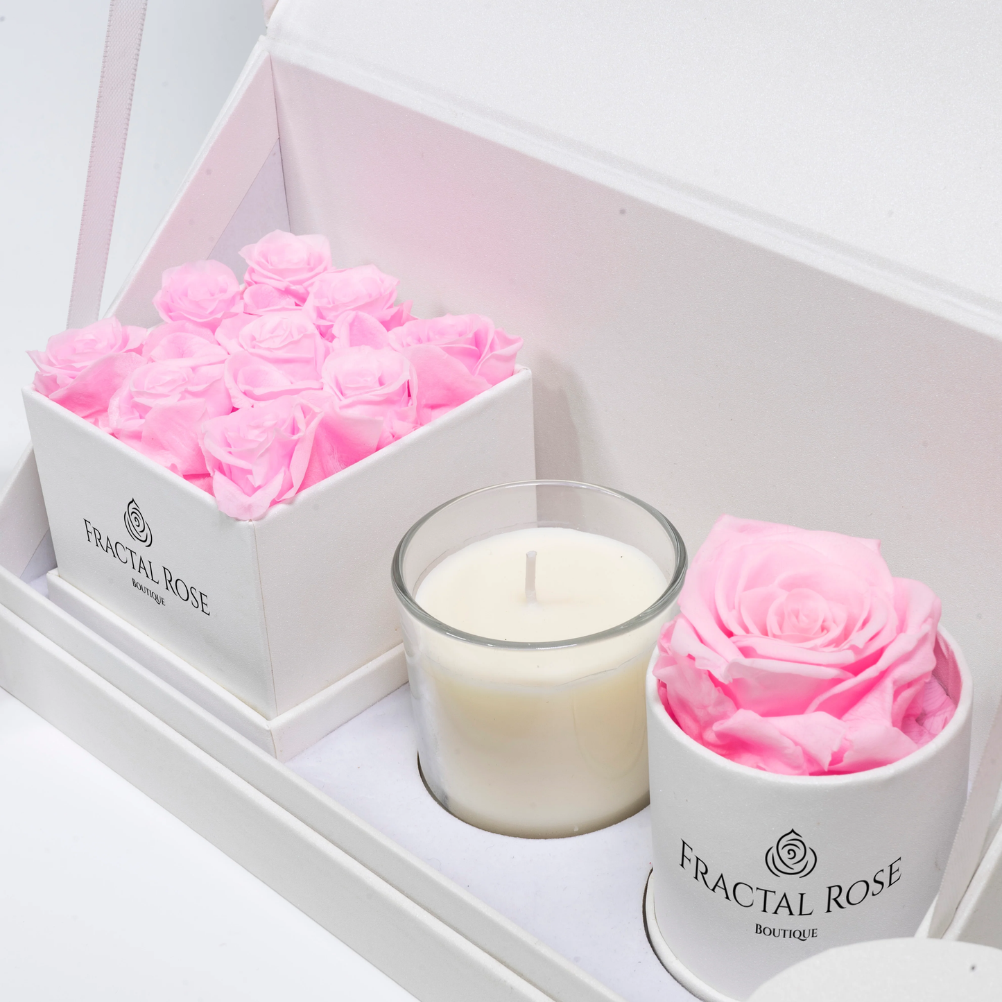 Fractal Rose Bundle - Le Mini Rounds and Squares - Charming Candle - Elegant Gift Box - Luxury Preserved Roses - Stylish and Refined Collection