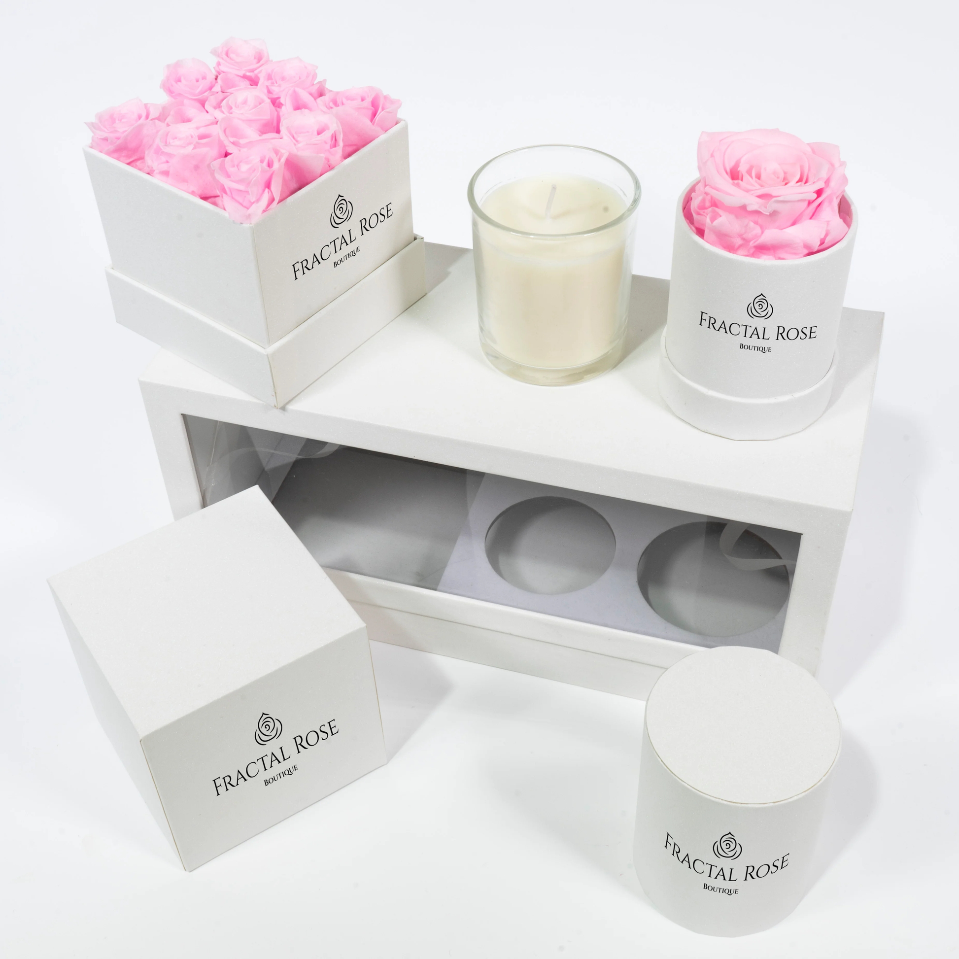 Fractal Rose Bundle - Le Mini Rounds and Squares - Charming Candle - Elegant Gift Box - Luxury Preserved Roses - Stylish and Refined Collection