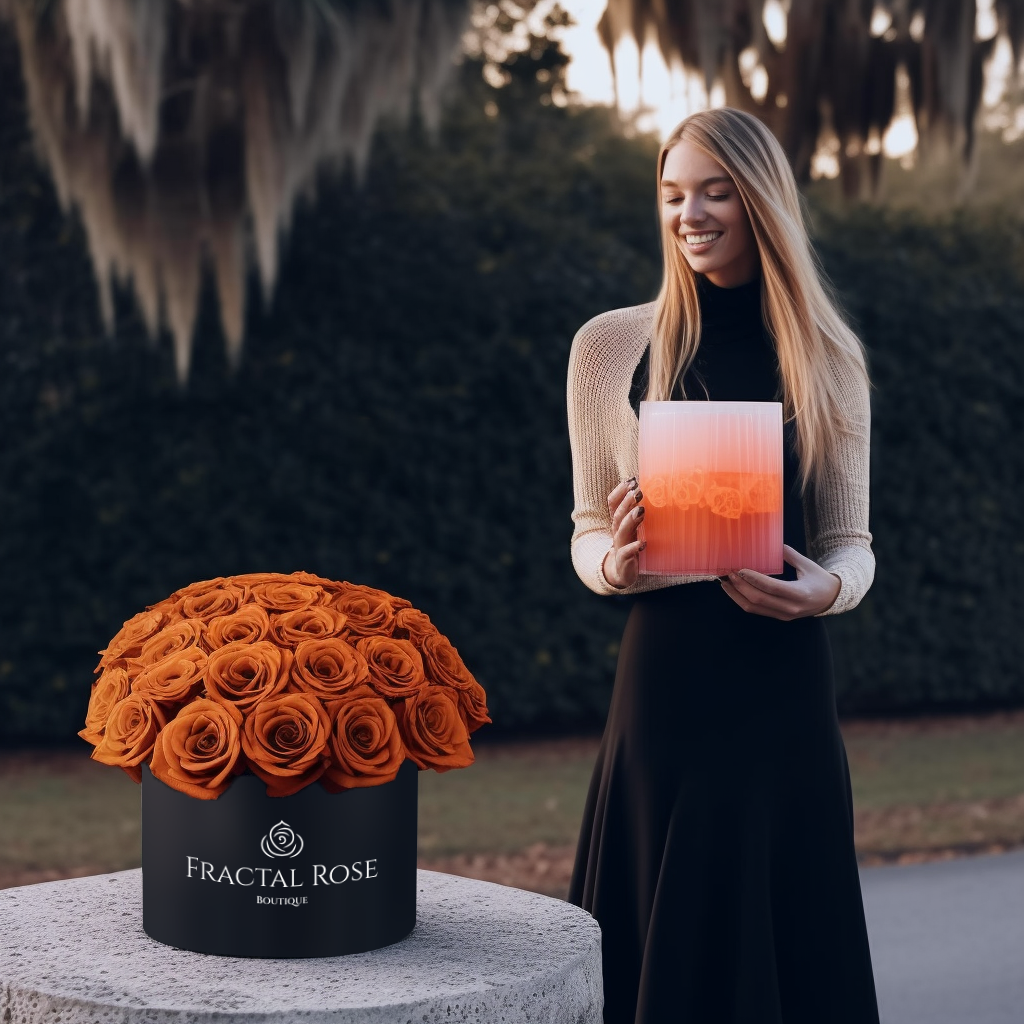 Enthralled girl admiring the magnificence of Le Majestic Grand - Luxury Preserved Roses - Fractal Rose Collection